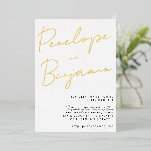 Moderne Chic Script Handgeschreven Goud Witte Trou Folie Uitnodiging