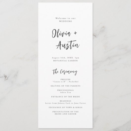 Moderne Chic Script Minimalist Wedding Program Programma (Voorkant)