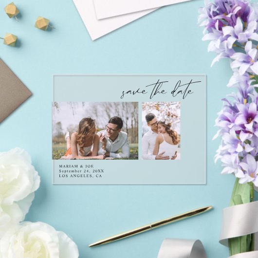 Moderne Chic Two-foto Bewaar de datum Acryl Uitnodigingen (Insitu (Huwelijk))