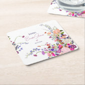 Moderne chic wilde bloemen script bruidsmeisjesfee vierkante kartonnen onderzetter (Schuin)