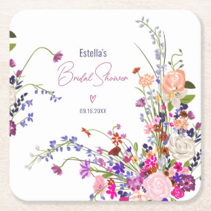 Moderne chic wilde bloemen script bruidsmeisjesfee vierkante kartonnen onderzetter