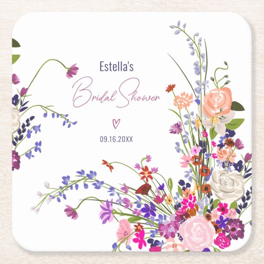 Moderne chic wilde bloemen script bruidsmeisjesfee vierkante kartonnen onderzetter (Voorkant)