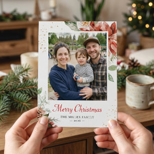 Moderne Chic Winter Bloem Kerst Groet Foto Feestdagenkaart