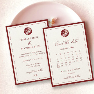 Moderne Chinese Champagne Red Bewaar de datum Kaart