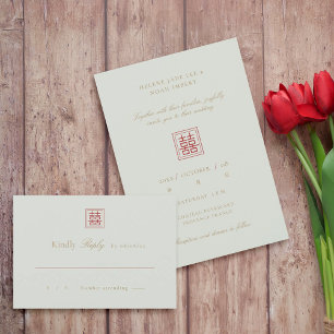 Moderne Chinese Salie Olijf Dubbel Geluk Huwelijk RSVP Kaartje