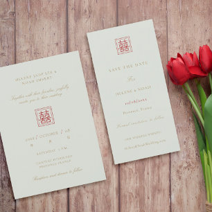 Moderne Chinese Salie Olijf Dubbel Geluk Huwelijk Save The Date