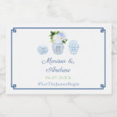 Moderne Chinoiserie Blauw Wit en Groen Bruiloft Likeurfles Etiket (Enkel label)