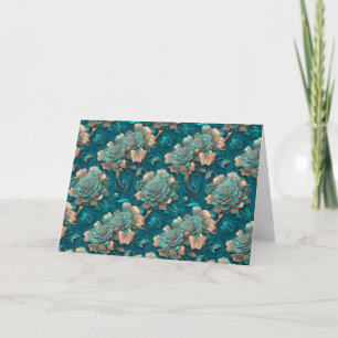 Moderne, chique bloemige Blauwgroen & brons gevouw Notitiekaartje