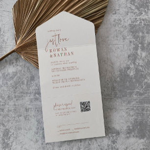 Moderne Chique Boho Cream Gewoon Liefde QR Code Br All In One Uitnodiging