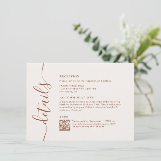 Moderne chique Boho crème script bruiloft details Informatiekaartje (Staand voorkant)
