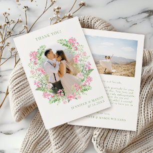 Moderne chique Boho roze bloemenbruiloft foto Bedankkaart