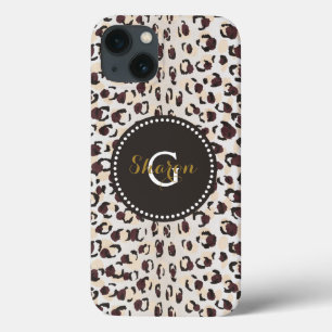 Moderne chique bruine cheetahprint patroon monogra iPhone 13 hoesje