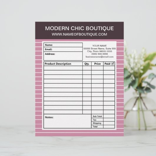 Moderne chique dunne roze strepen boetiek bestelfo custom briefhoofd (Staand voorkant)