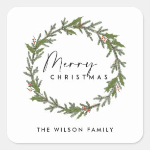 MODERNE CHIQUE ELEGANTE HOLLY BERRY KRANS KERSTMIS VIERKANTE STICKER