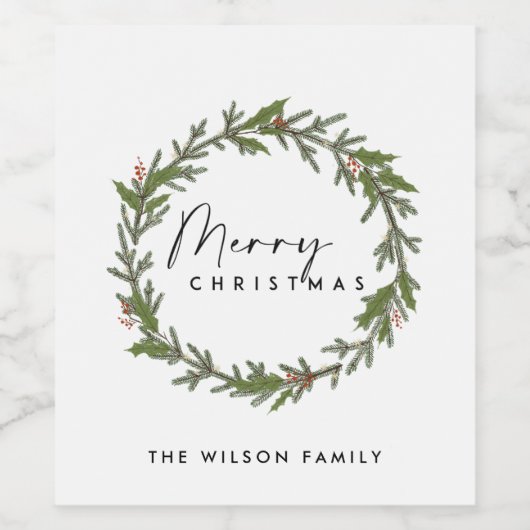 MODERNE CHIQUE ELEGANTE HOLLY BERRY KRANS KERSTMIS WIJN ETIKET (Enkel label)