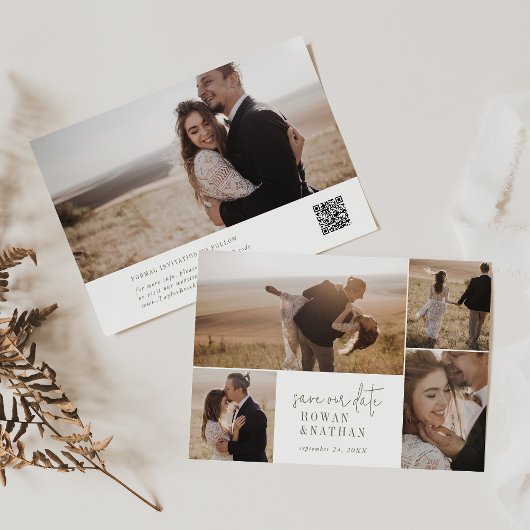 Moderne Chique Groene en Witte Fotocollage Save The Date