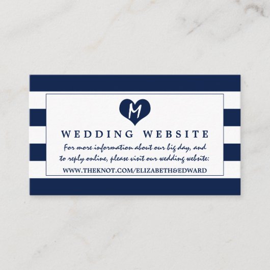 Moderne chique marine blauw en wit bruiloft websit informatiekaartje (Voorkant)