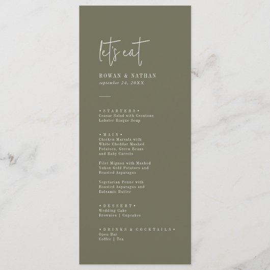 Moderne chique olijfgroen Laten we bruiloft menu e (Voorkant)