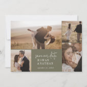 Moderne chique olijfgroene fotocollage save the date (Voorkant)