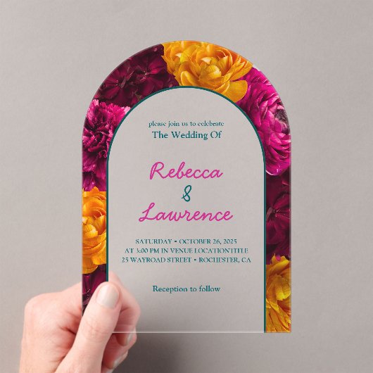Moderne chique roze groen geel bloemen bruiloft bo acryl uitnodigingen (Insitu (Draagbaar))