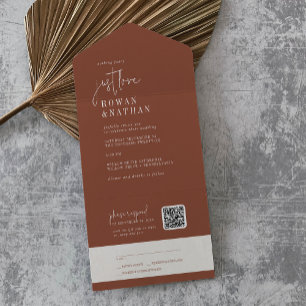 Moderne chique terracotta gewoon liefde QR code br All In One Uitnodiging