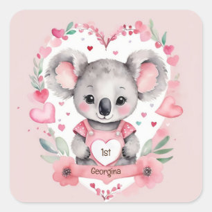 Moderne chique Waterverf Koala Roze Verjaardagsfee Vierkante Sticker