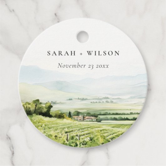 Moderne chique Waterverf wijngaard Landschap Bruil Bedankjes Labels (Voorkant)