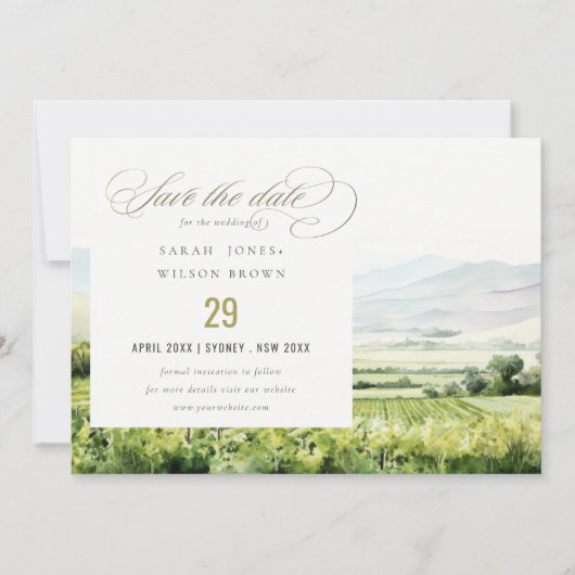 Moderne chique Waterverf wijngaard Landschap Bruil Save The Date (Voorkant)