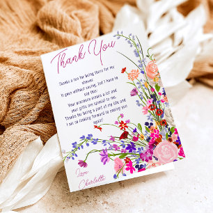 Moderne chique wilde bloemen script bruidsdouche bedankkaart