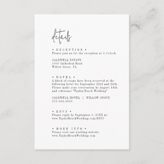Moderne chique zwart-wit bruiloft details informatiekaartje (Voorkant)