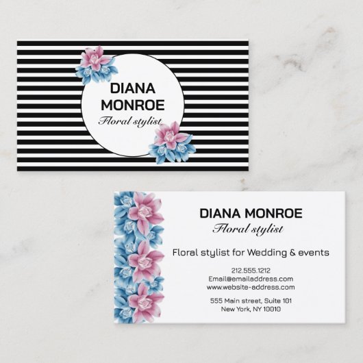Moderne cirkel bloemenkrans zwart & wit gestreept visitekaartje (Voorkant / Achterkant)