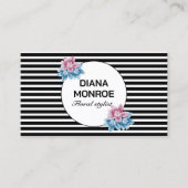 Moderne cirkel bloemenkrans zwart & wit gestreept visitekaartje (Voorkant)