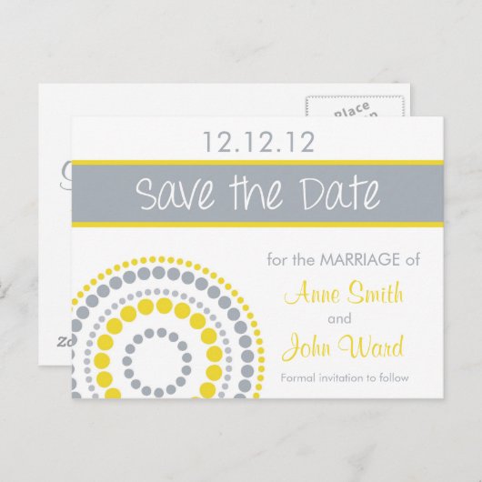 Moderne Cirkels Bewaar de Datum - Geel & Grijs Aankondigingskaart (Voorkant / Achterkant)