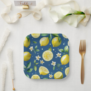 Moderne citroenblauwe bloemenscript bruidsshower papieren bordje