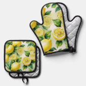 Moderne citroenblauwe bloemige kalligrafie bruidss ovenwant & pannenlap set (Voorkant / Achterkant)