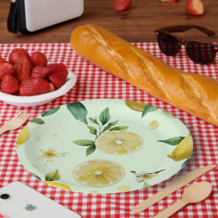 Moderne citroengele bloemrijke script bruidsdouche papieren bordje