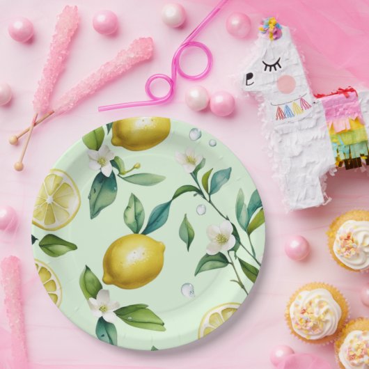 Moderne citroengele bloemrijke script bruidsdouche papieren bordje (Feest)