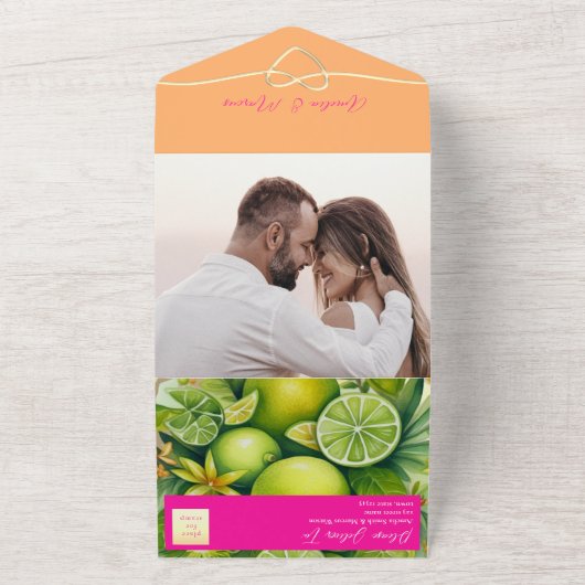 Moderne Citrus Fruit Bruiloft All In One Uitnodiging (Buitenkant)