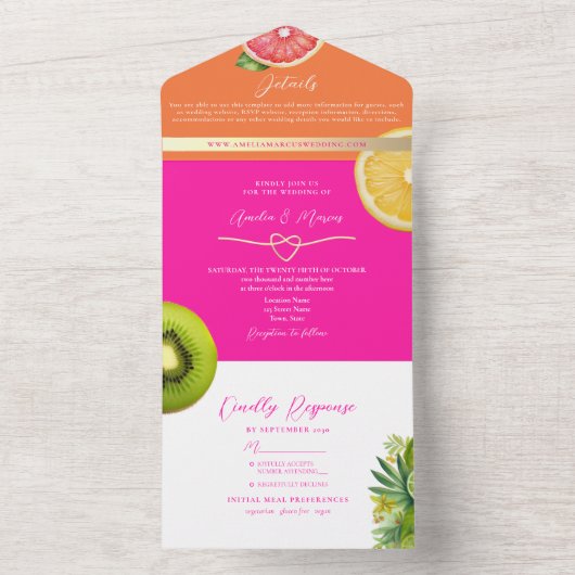 Moderne Citrus Fruit Bruiloft All In One Uitnodiging (Binnen)