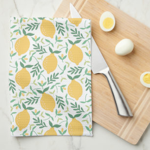 Moderne Citrus Geel Groene Bladeren Monogram Theedoek
