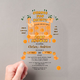 Moderne Citrus Luxe Sinaasappel Bent U Gereed Baby Acryl Uitnodigingen