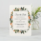 Moderne citrus oranje bloem | Rustiek Save The Date (Staand voorkant)