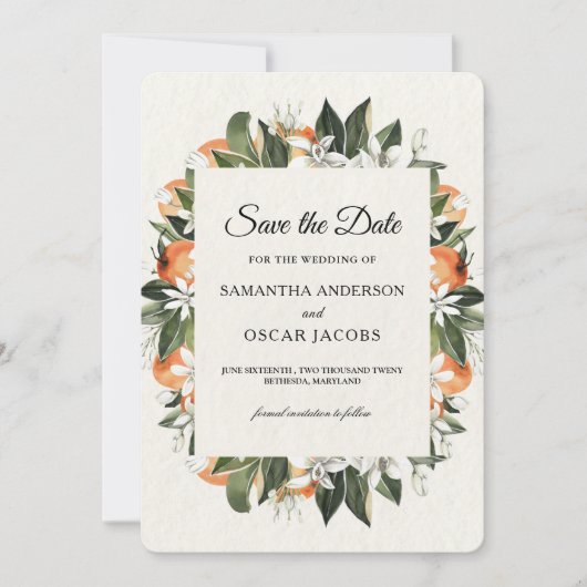 Moderne Citrus Sinaasappel Bloemen | rustiek Save The Date (Voorkant)