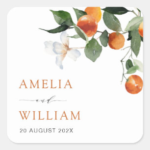 Moderne citrus sinaasappels en groen bruiloft vierkante sticker