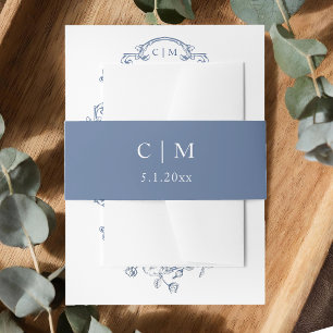 Moderne Clean Minimalistische Stofblauwe Monogram Uitnodigingen Wikkel