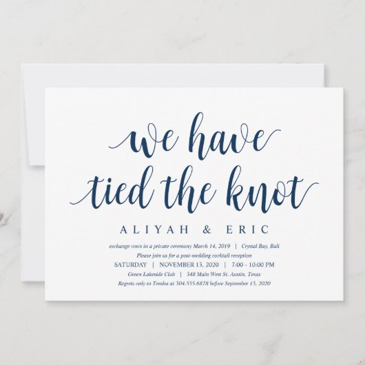 Moderne Clean Rustic, Navyblauw, Trouw Elopement Kaart (Voorkant)