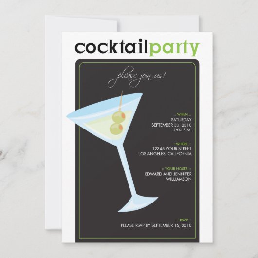Moderne Cocktail Party Invitation (kalkgroen) Kaart (Voorkant)
