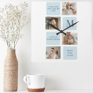 Moderne collage foto's Blue Best Fathers Gift Vierkante Klok