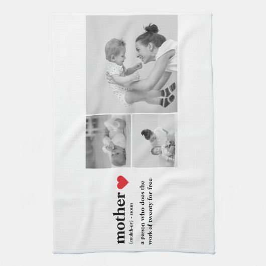 Moderne collage foto's & tekst rood hart moedercad theedoek (Verticaal)