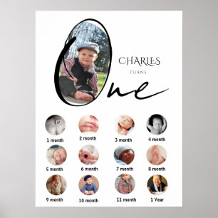 Moderne collage van foto's na één jaar met mijlpal poster
